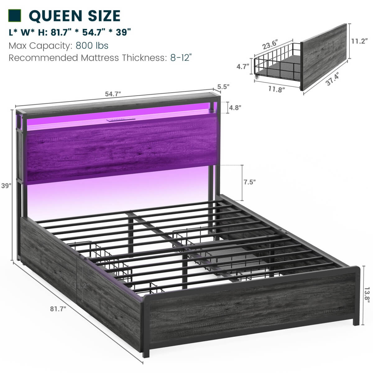 Bed Frame with 4 Storage Drawers and Charging Station, Sturdy Platform Bed for Bedroom