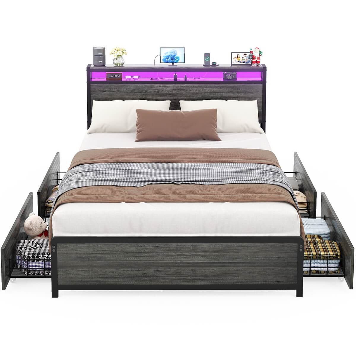 Bed Frame with 4 Storage Drawers and Charging Station, Sturdy Platform Bed for Bedroom