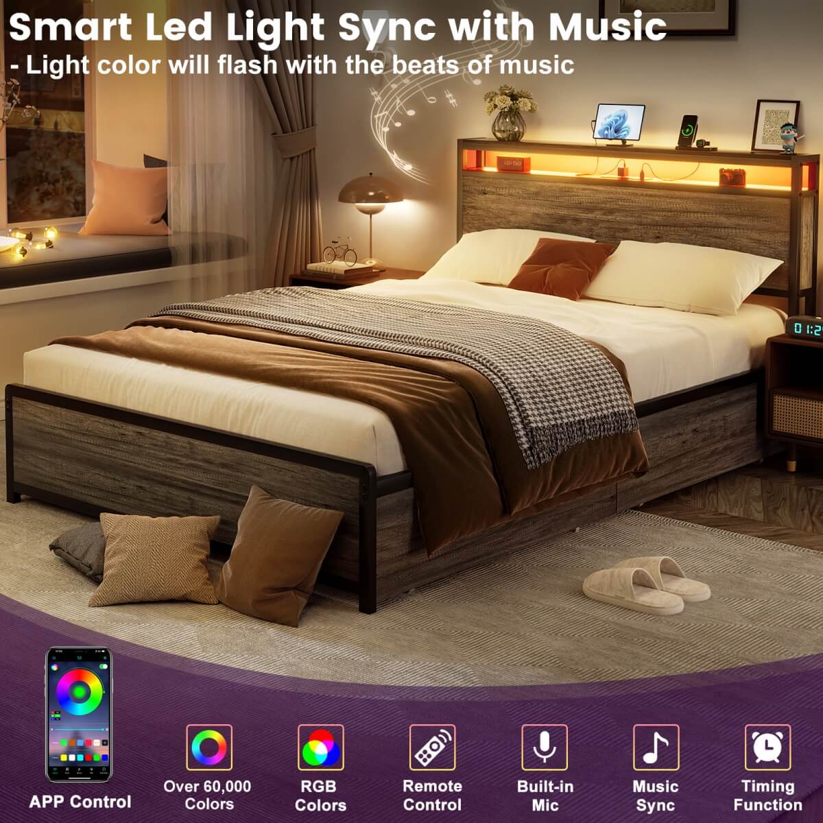 Bed Frame with 4 Storage Drawers and Charging Station, Sturdy Platform Bed for Bedroom