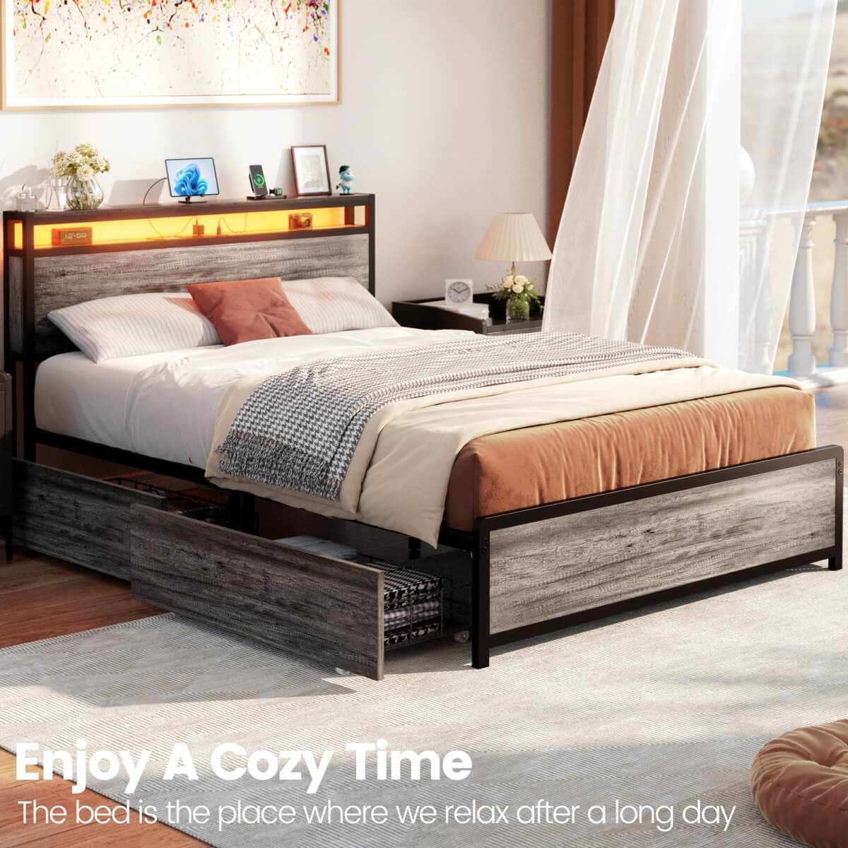 Bed Frame with 4 Storage Drawers and Charging Station, Sturdy Platform Bed for Bedroom