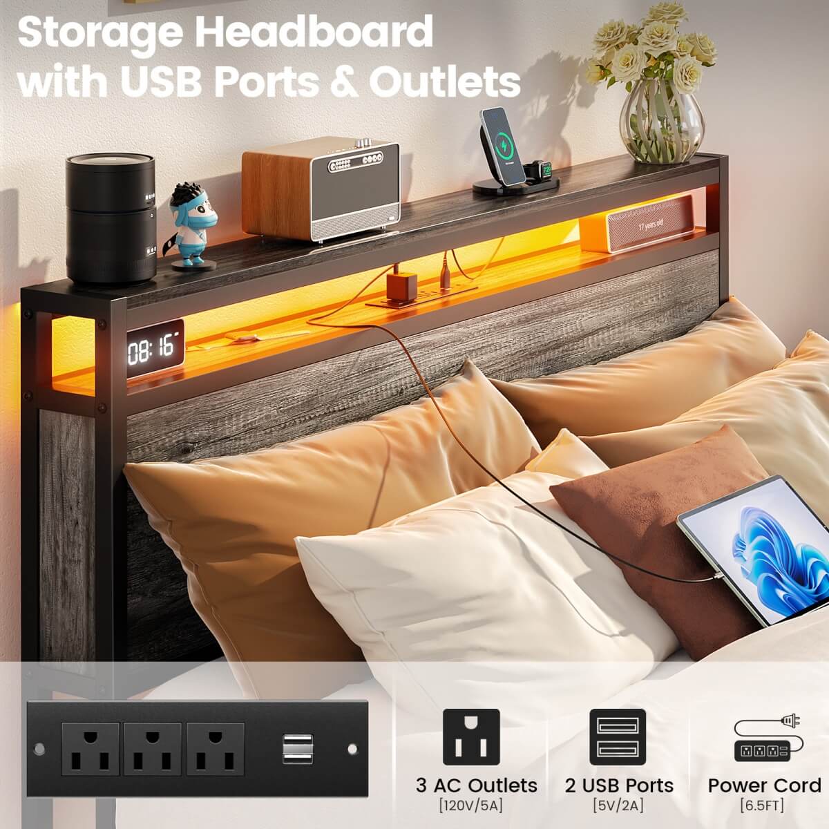 Bed Frame with 4 Storage Drawers and Charging Station, Sturdy Platform Bed for Bedroom