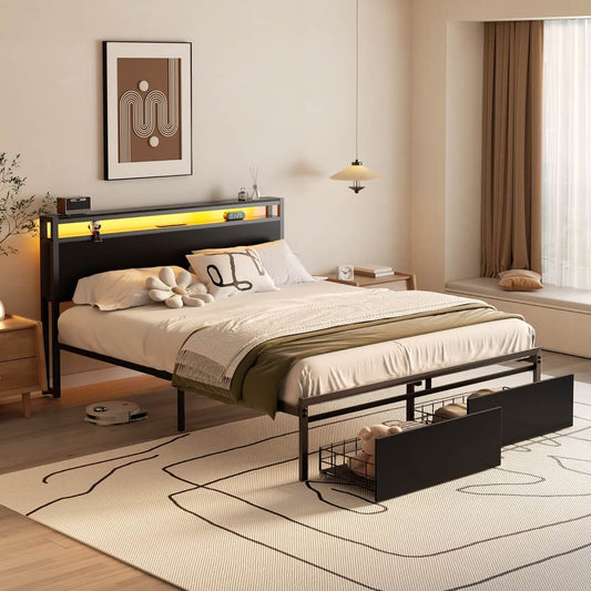 Full Size Bed Frame with Storage Drawer, Headboard Built in Power Outlets & LED Lights
