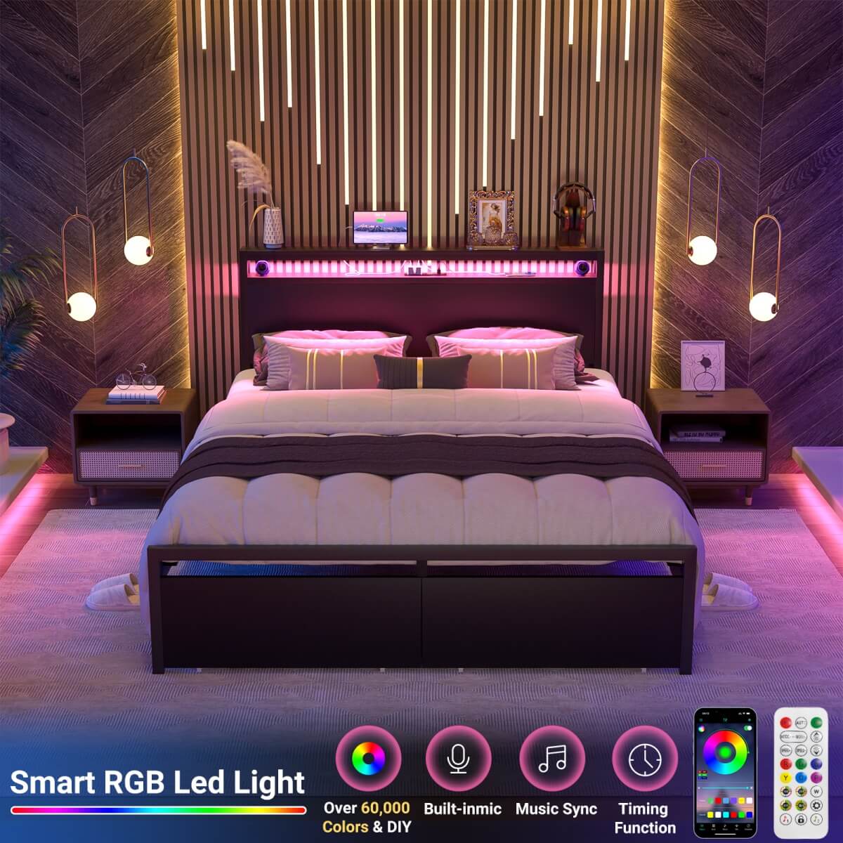 Full Size Bed Frame with Storage Drawer, Headboard Built in Power Outlets & LED Lights