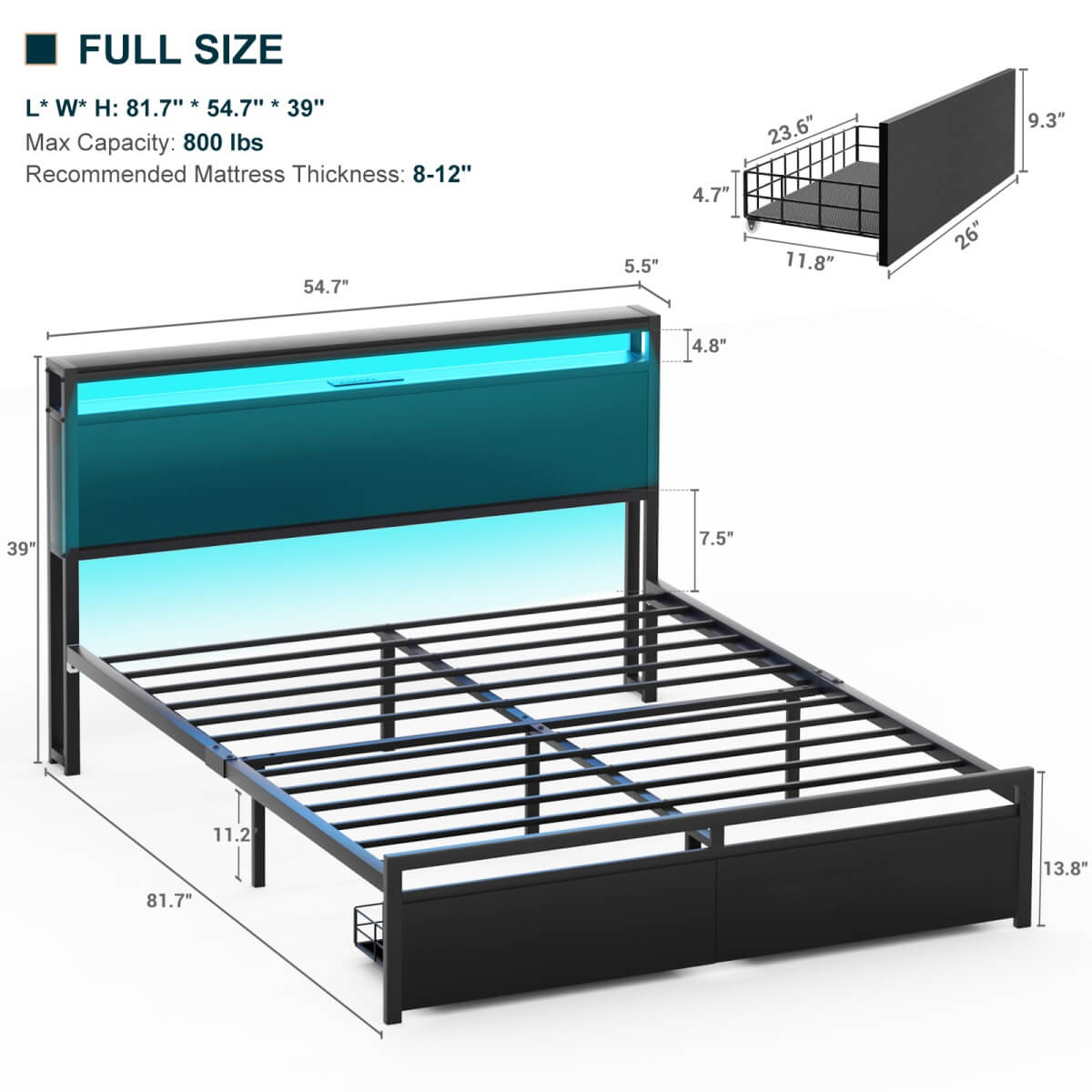 Full Size Bed Frame with Storage Drawer, Headboard Built in Power Outlets & LED Lights
