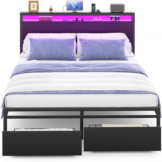 Full Size Bed Frame with Storage Drawer, Headboard Built in Power Outlets & LED Lights