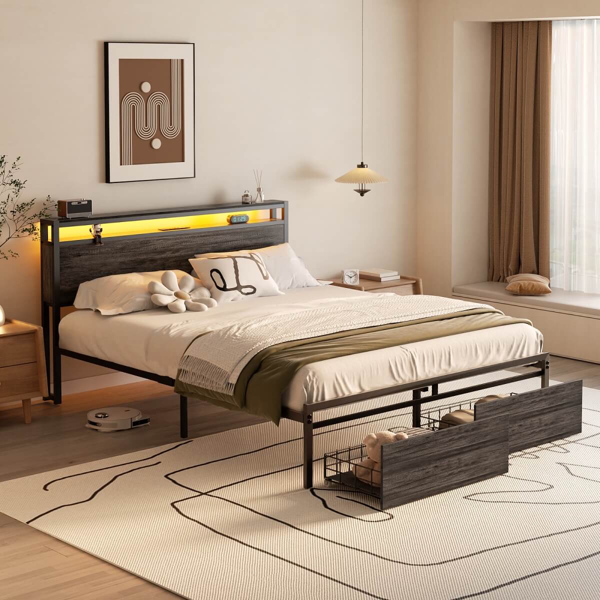 Full Size Bed Frame with Storage Drawer, Headboard Built in Power Outlets & LED Lights