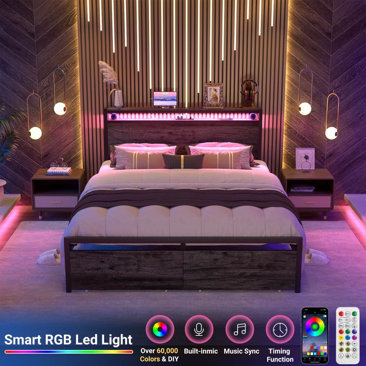 Full Size Bed Frame with Storage Drawer, Headboard Built in Power Outlets & LED Lights