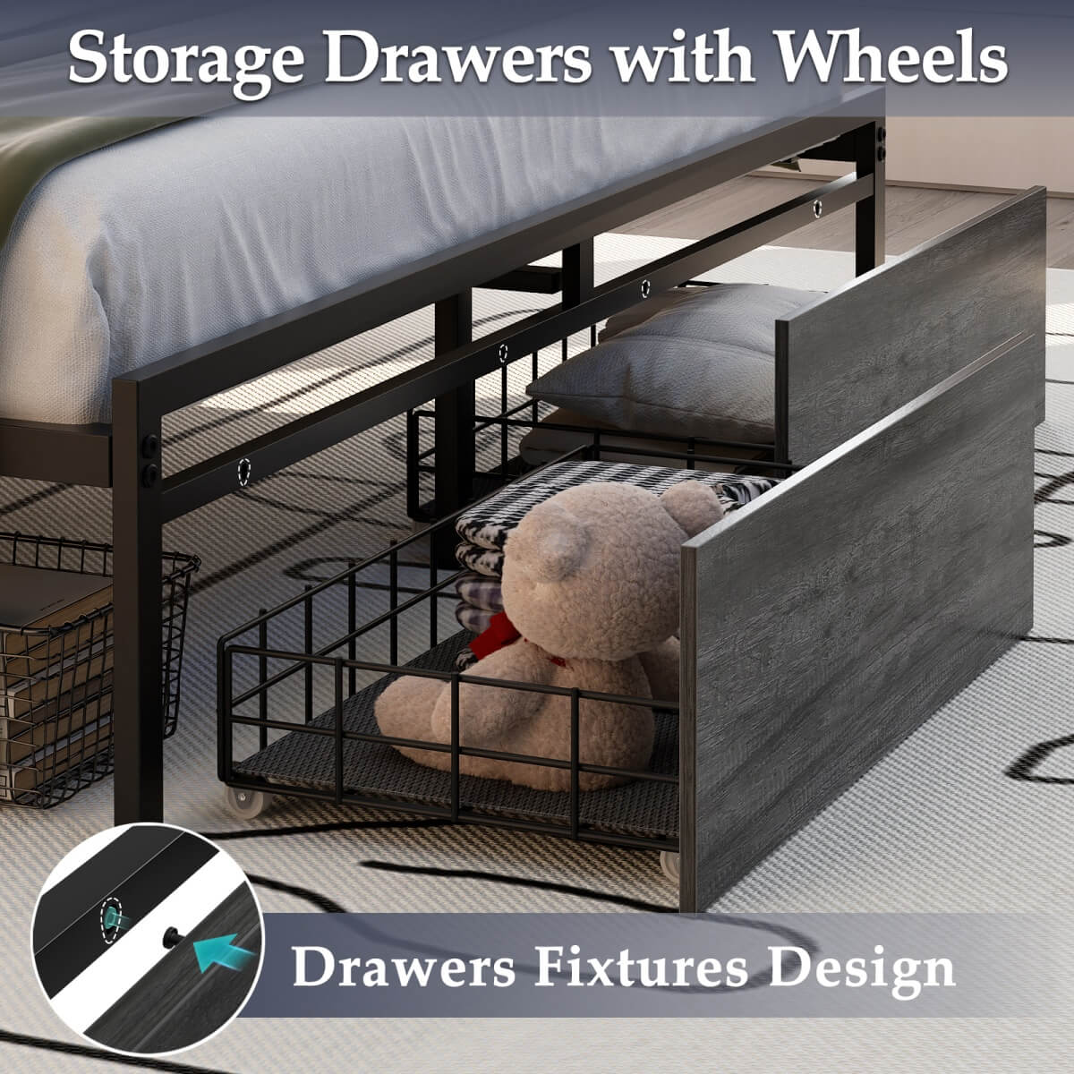 Full Size Bed Frame with Storage Drawer, Headboard Built in Power Outlets & LED Lights