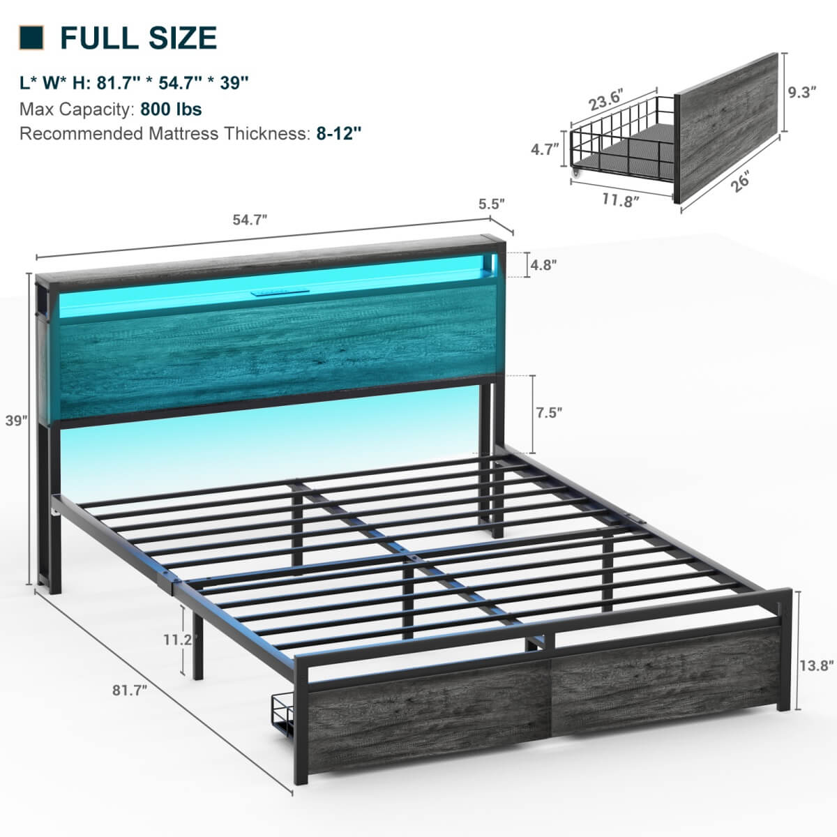 Full Size Bed Frame with Storage Drawer, Headboard Built in Power Outlets & LED Lights