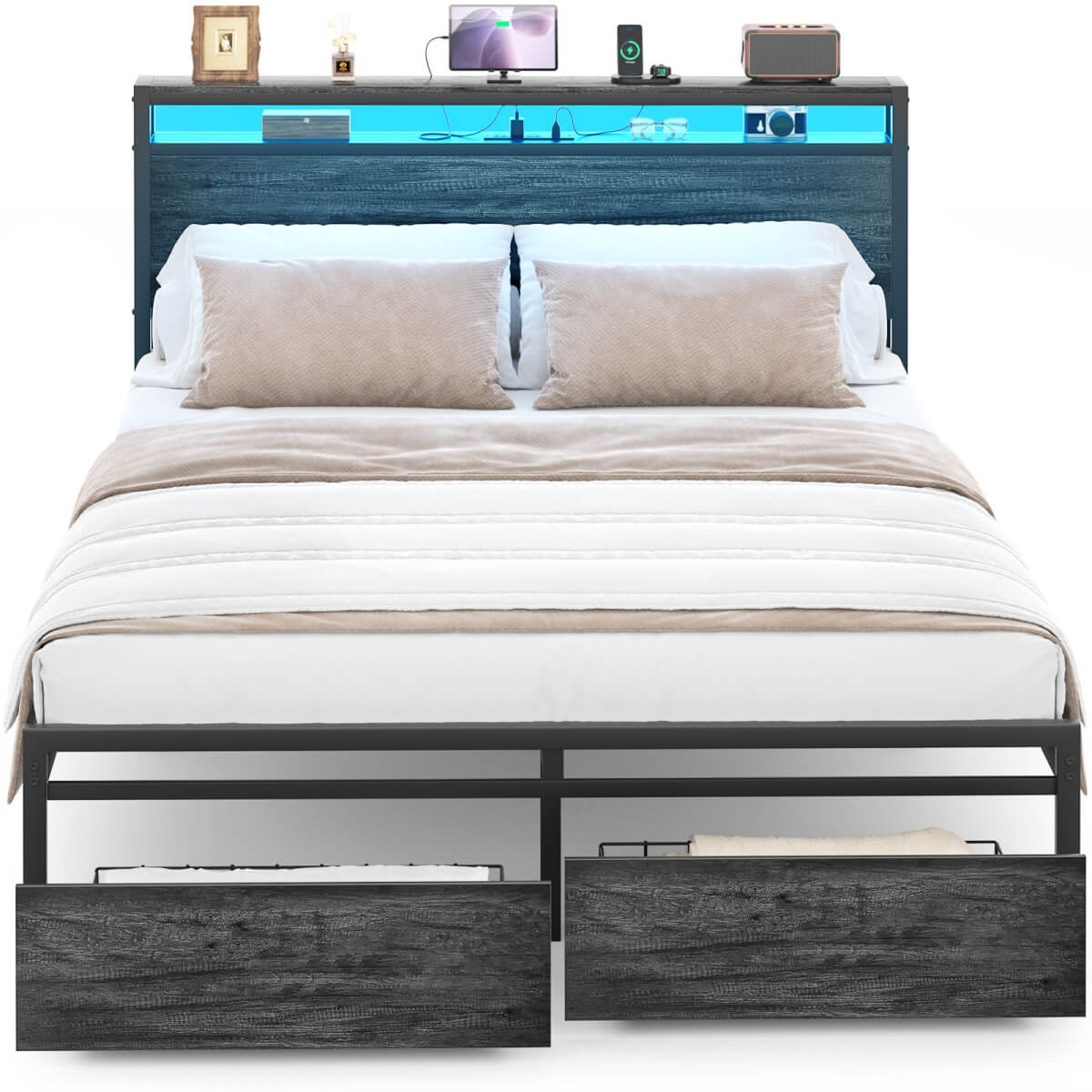 Full Size Bed Frame with Storage Drawer, Headboard Built in Power Outlets & LED Lights