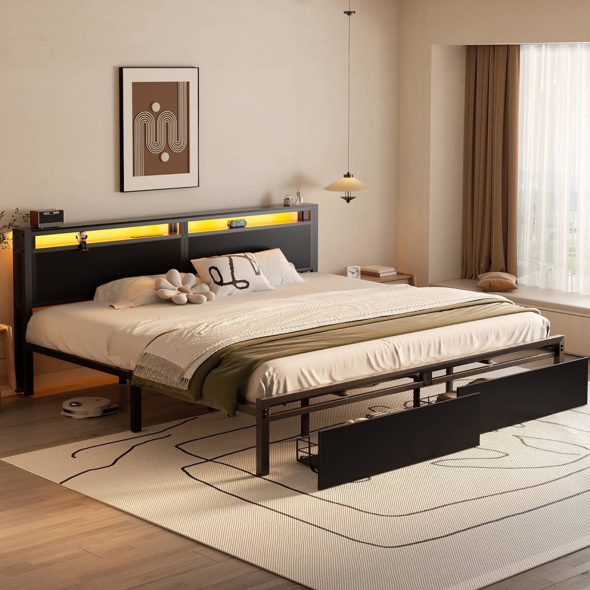 King Size Bed Frame with Storage Drawer, Headboard Built in Power Outlets & LED Lights