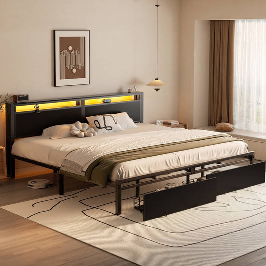 King Size Bed Frame with Storage Drawer, Headboard Built in Power Outlets & LED Lights