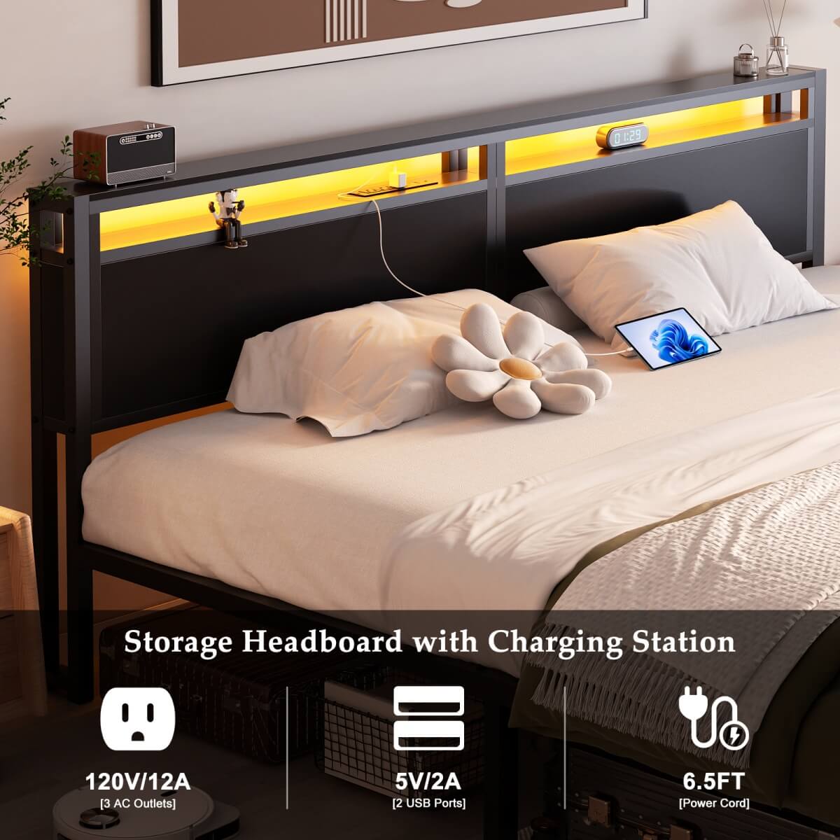 King Size Bed Frame with Storage Drawer, Headboard Built in Power Outlets & LED Lights