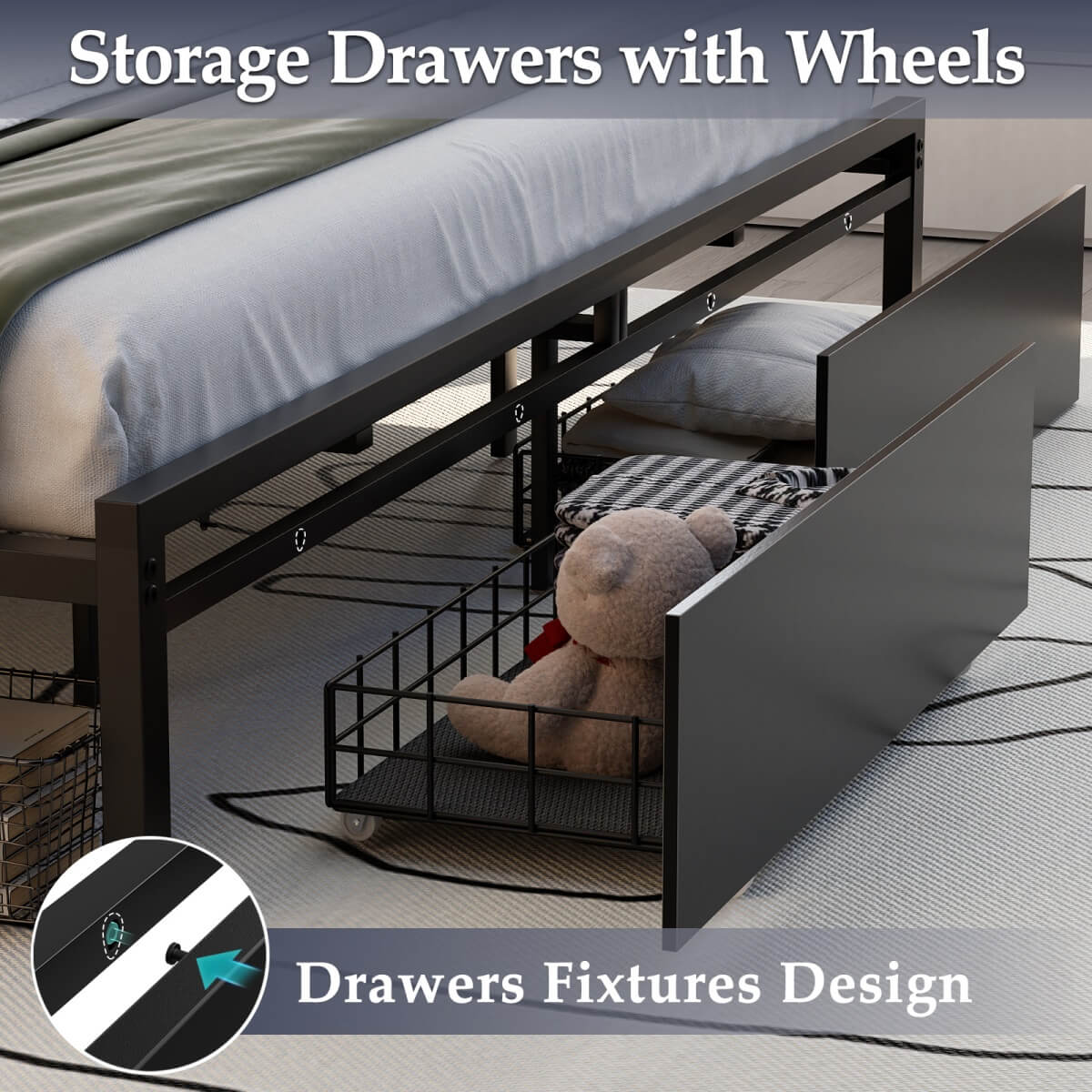 King Size Bed Frame with Storage Drawer, Headboard Built in Power Outlets & LED Lights