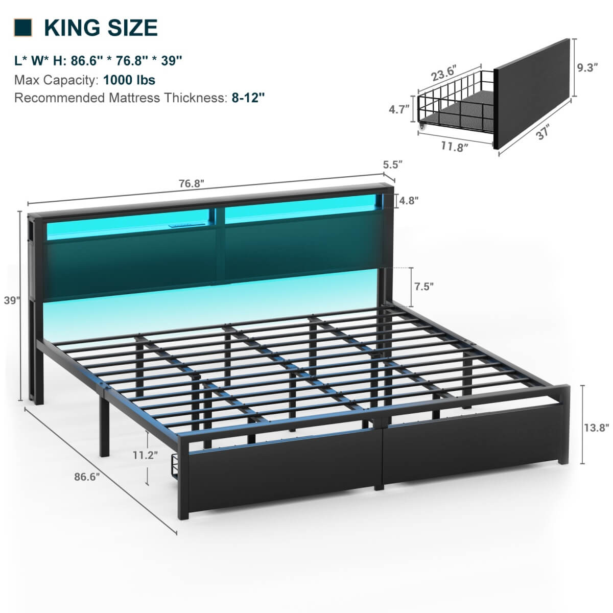 King Size Bed Frame with Storage Drawer, Headboard Built in Power Outlets & LED Lights