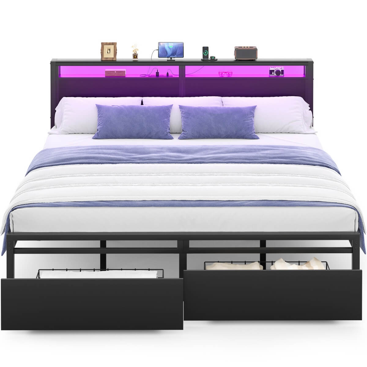 King Size Bed Frame with Storage Drawer, Headboard Built in Power Outlets & LED Lights