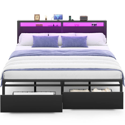 King Size Bed Frame with Storage Drawer, Headboard Built in Power Outlets & LED Lights