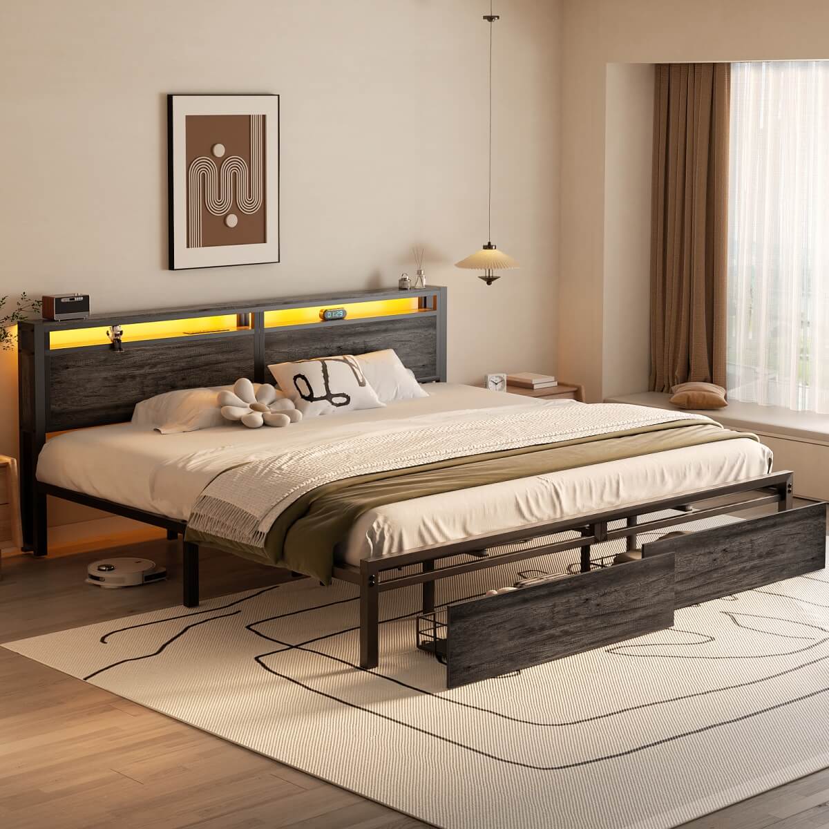 King Size Bed Frame with Storage Drawer, Headboard Built in Power Outlets & LED Lights