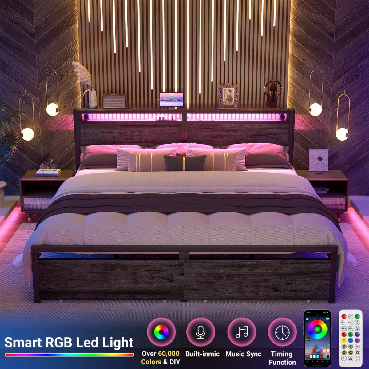 King Size Bed Frame with Storage Drawer, Headboard Built in Power Outlets & LED Lights