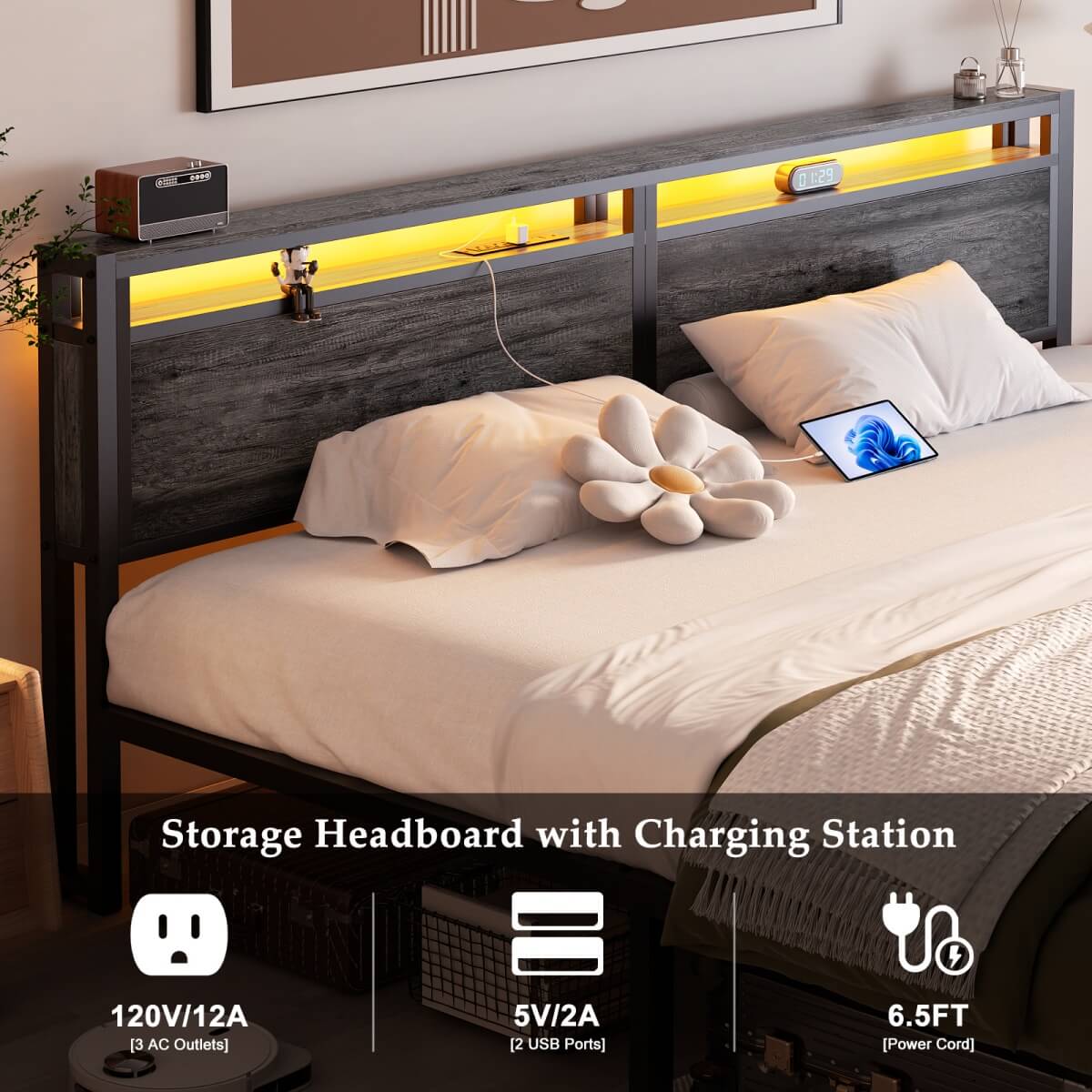 King Size Bed Frame with Storage Drawer, Headboard Built in Power Outlets & LED Lights