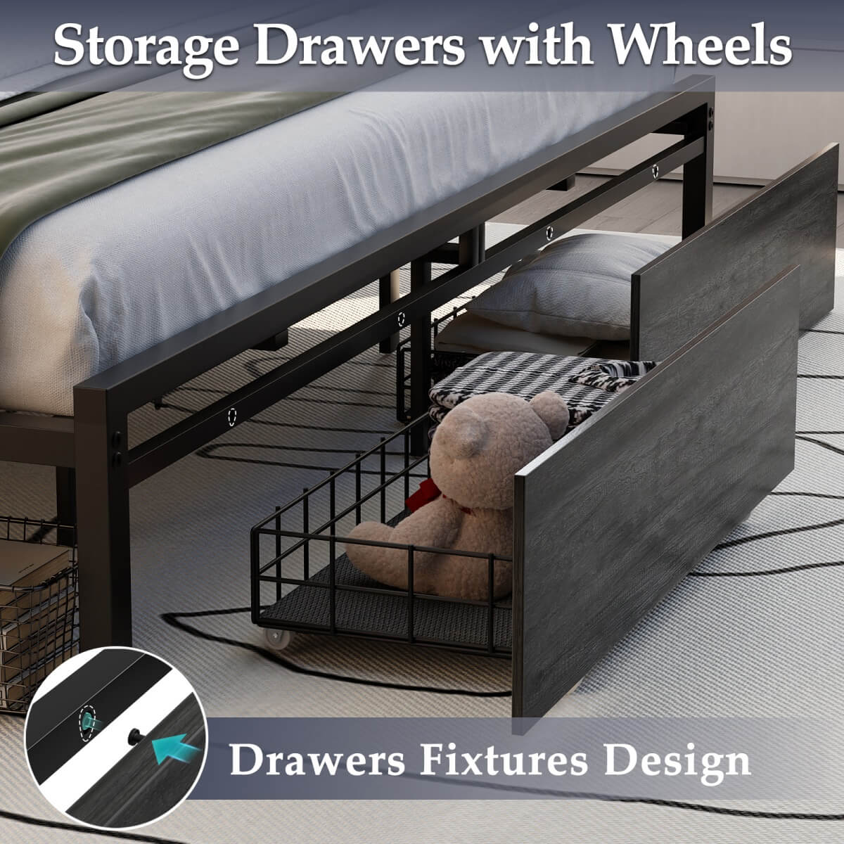 King Size Bed Frame with Storage Drawer, Headboard Built in Power Outlets & LED Lights