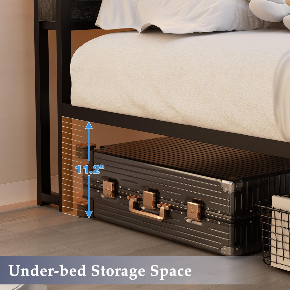 King Size Bed Frame with Storage Drawer, Headboard Built in Power Outlets & LED Lights