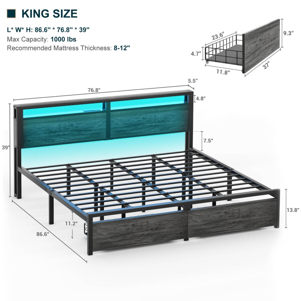 King Size Bed Frame with Storage Drawer, Headboard Built in Power Outlets & LED Lights
