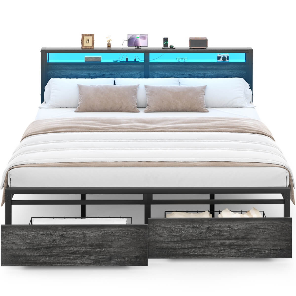 King Size Bed Frame with Storage Drawer, Headboard Built in Power Outlets & LED Lights