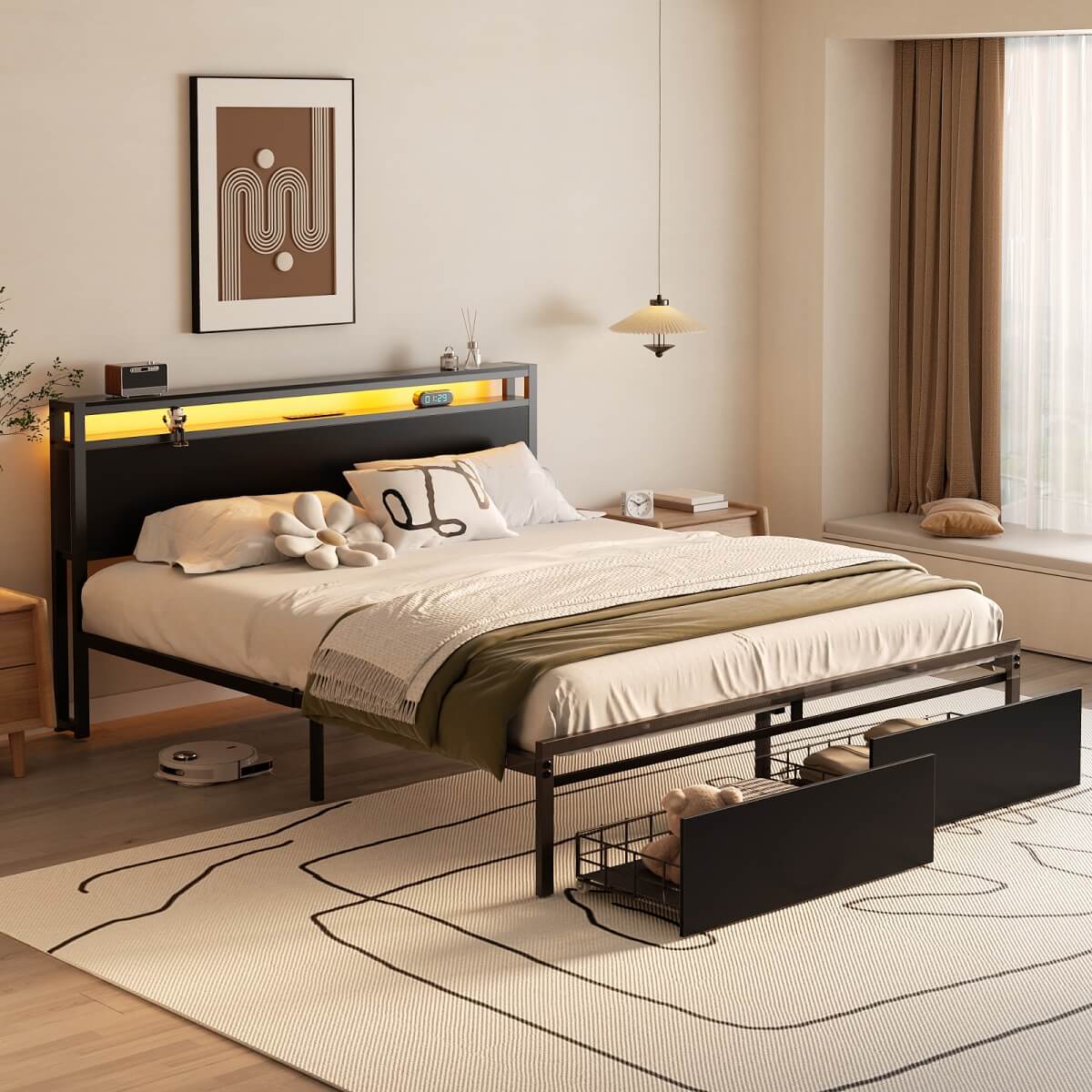Queen Size Bed Frame with Storage Drawer, Headboard Built in Power Outlets & LED Lights