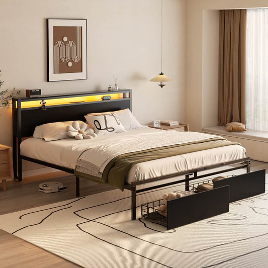 Queen Size Bed Frame with Storage Drawer, Headboard Built in Power Outlets & LED Lights