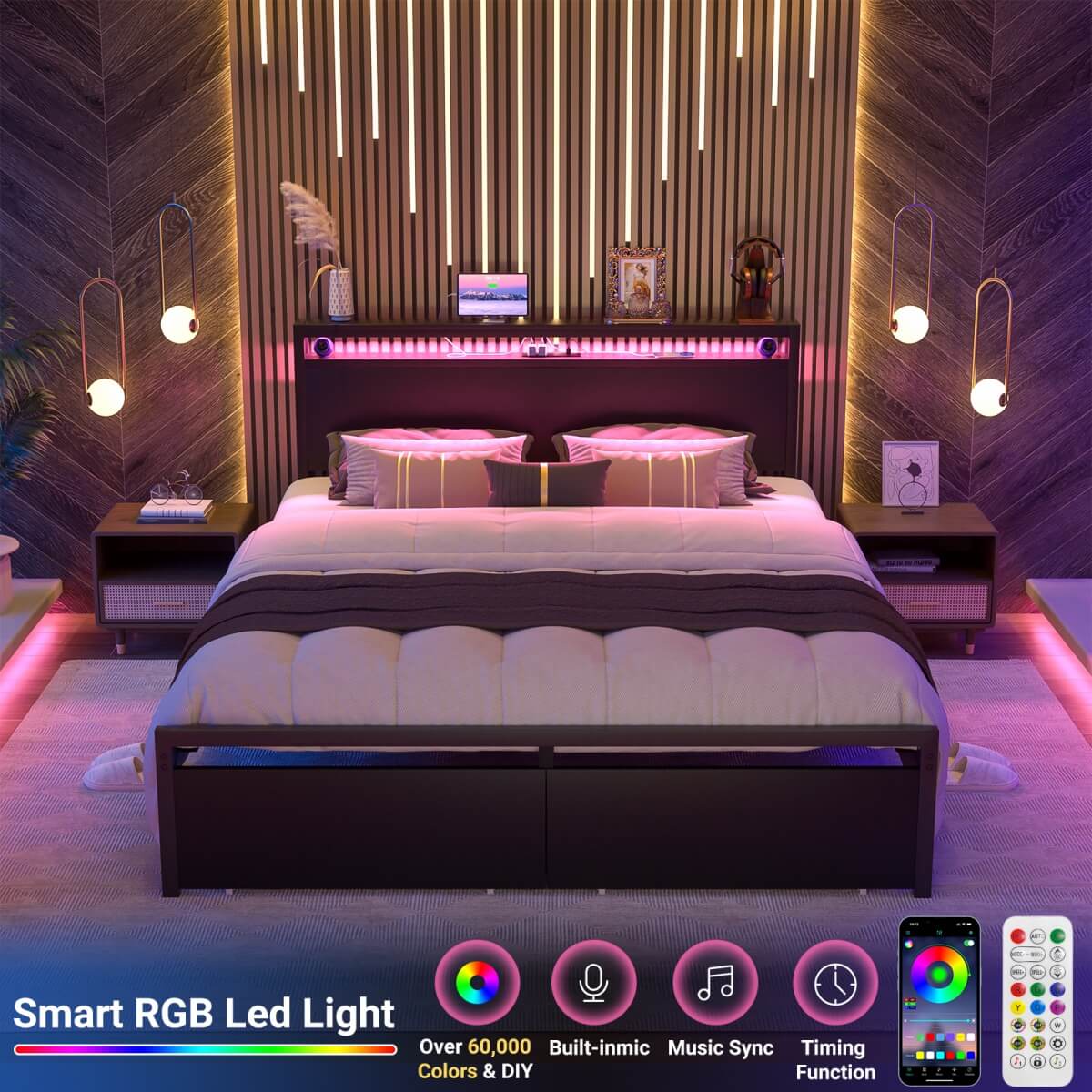 Queen Size Bed Frame with Storage Drawer, Headboard Built in Power Outlets & LED Lights