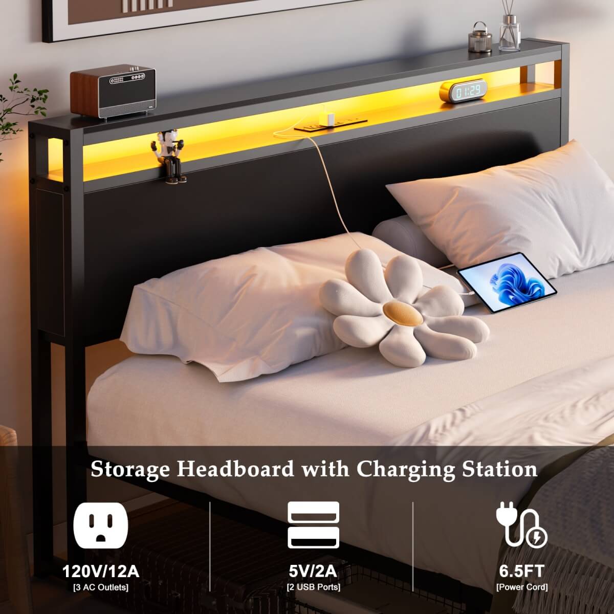 Queen Size Bed Frame with Storage Drawer, Headboard Built in Power Outlets & LED Lights
