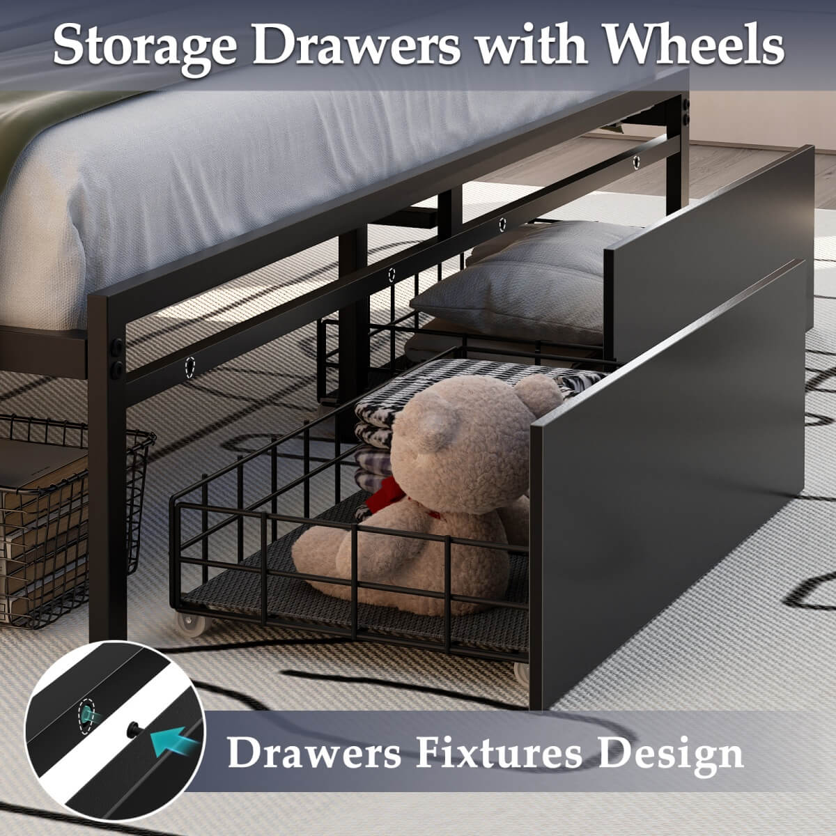 Queen Size Bed Frame with Storage Drawer, Headboard Built in Power Outlets & LED Lights