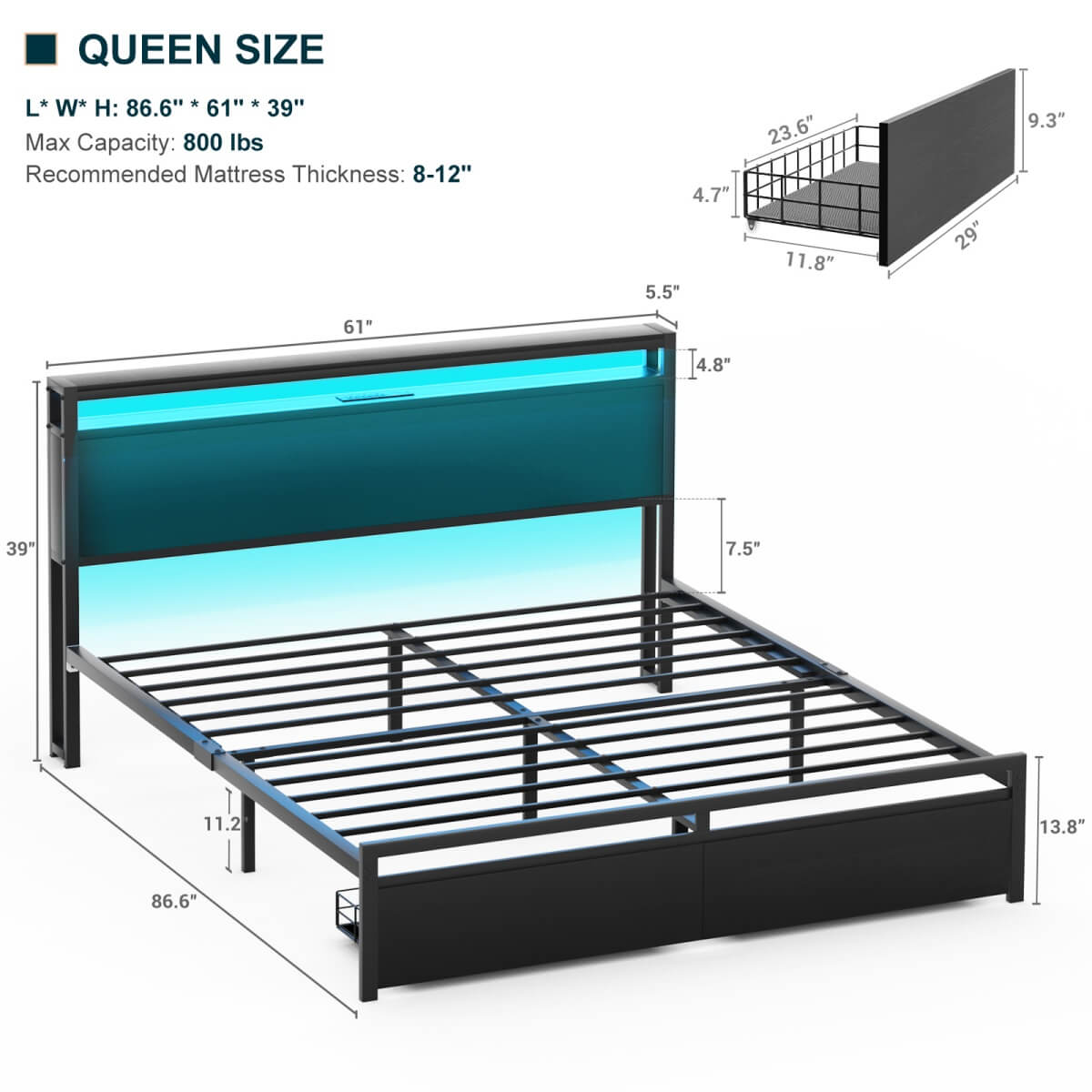 Queen Size Bed Frame with Storage Drawer, Headboard Built in Power Outlets & LED Lights