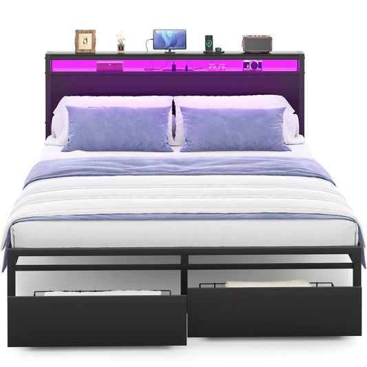 Queen Size Bed Frame with Storage Drawer, Headboard Built in Power Outlets & LED Lights