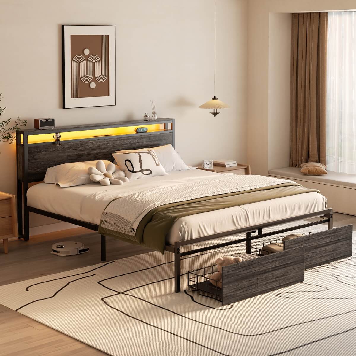 Queen Size Bed Frame with Storage Drawer, Headboard Built in Power Outlets & LED Lights