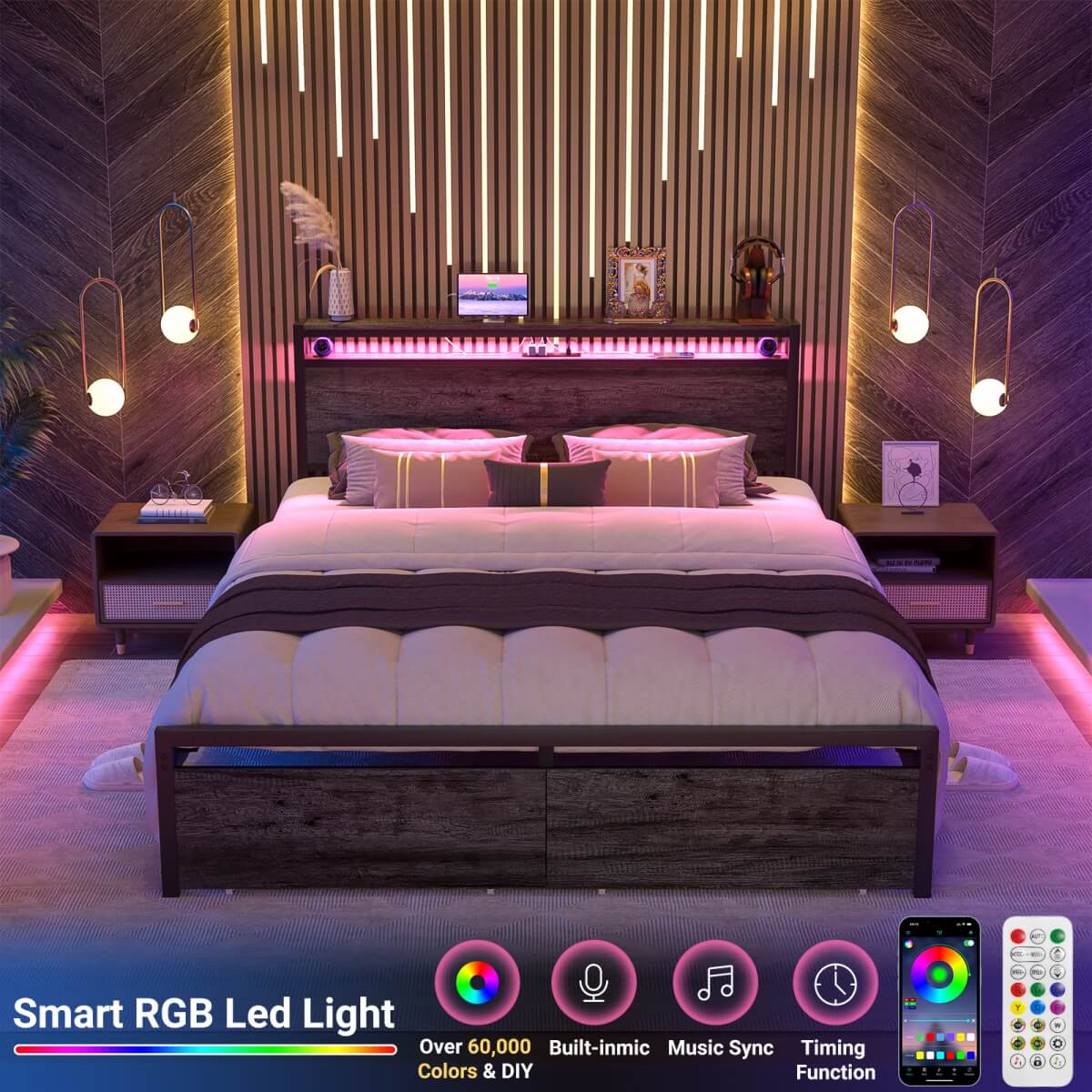 Queen Size Bed Frame with Storage Drawer, Headboard Built in Power Outlets & LED Lights