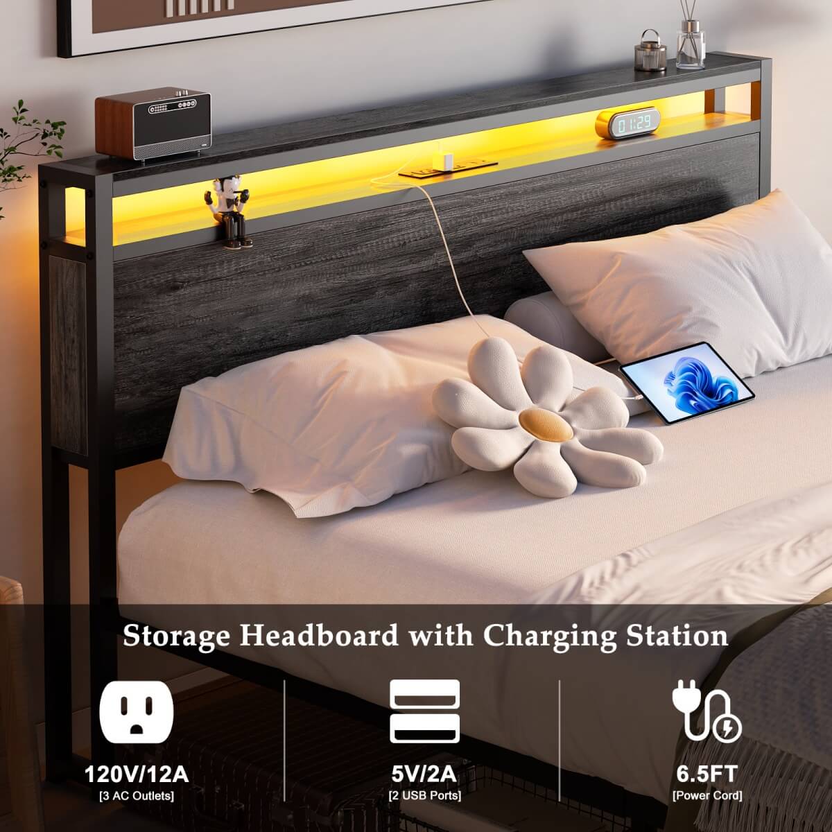 Queen Size Bed Frame with Storage Drawer, Headboard Built in Power Outlets & LED Lights