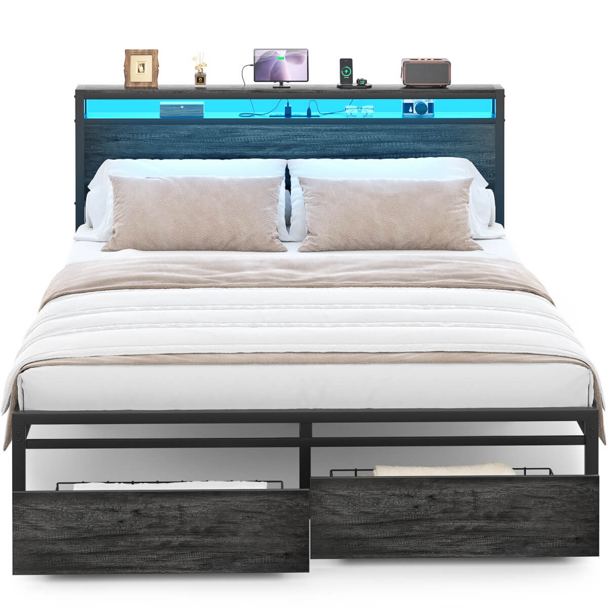 Queen Size Bed Frame with Storage Drawer, Headboard Built in Power Outlets & LED Lights