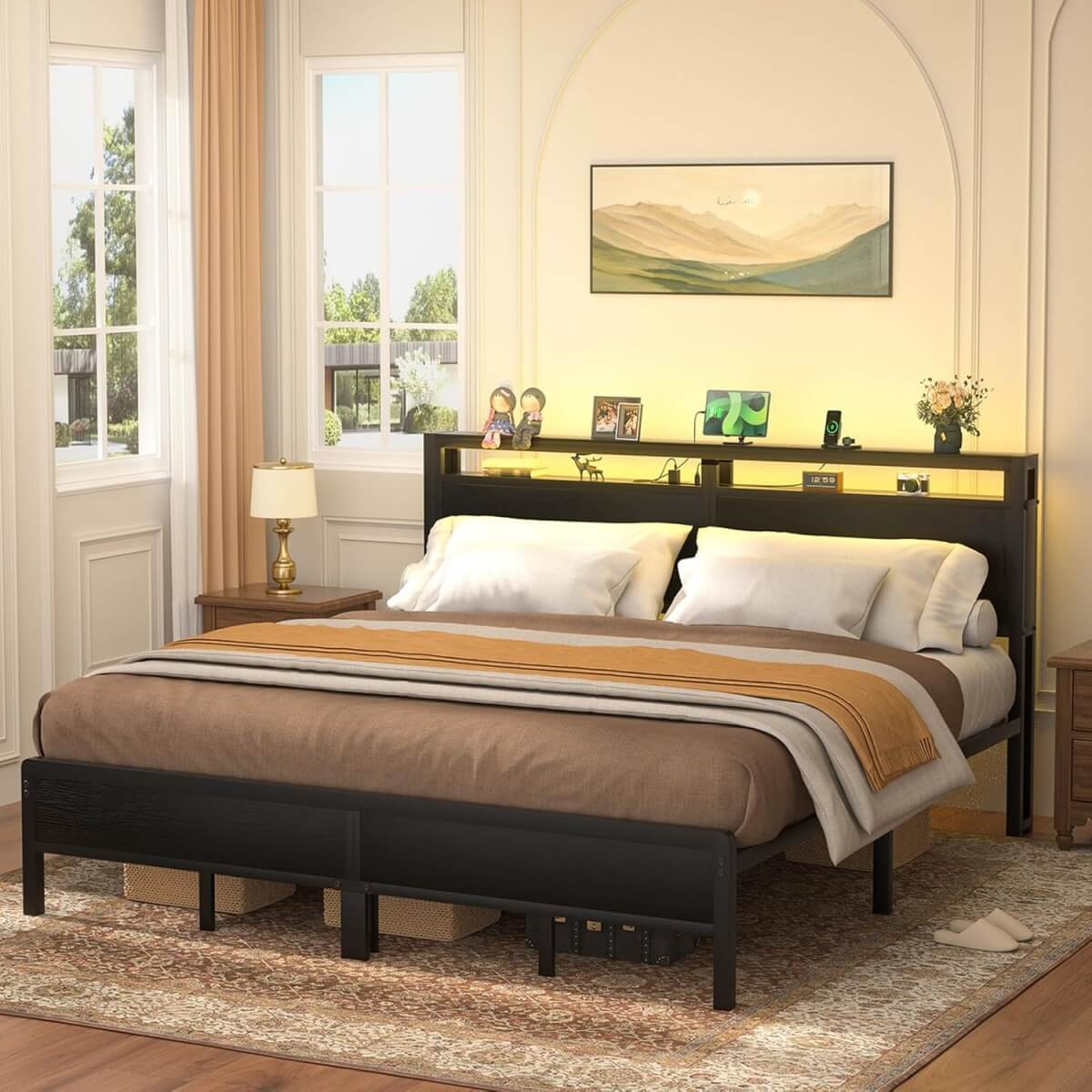 King Size Heavy Duty Metal Bed Frame with Headboard, Outlets, and LED Lights