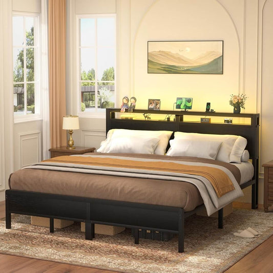 King Size Heavy Duty Metal Bed Frame with Headboard, Outlets, and LED Lights