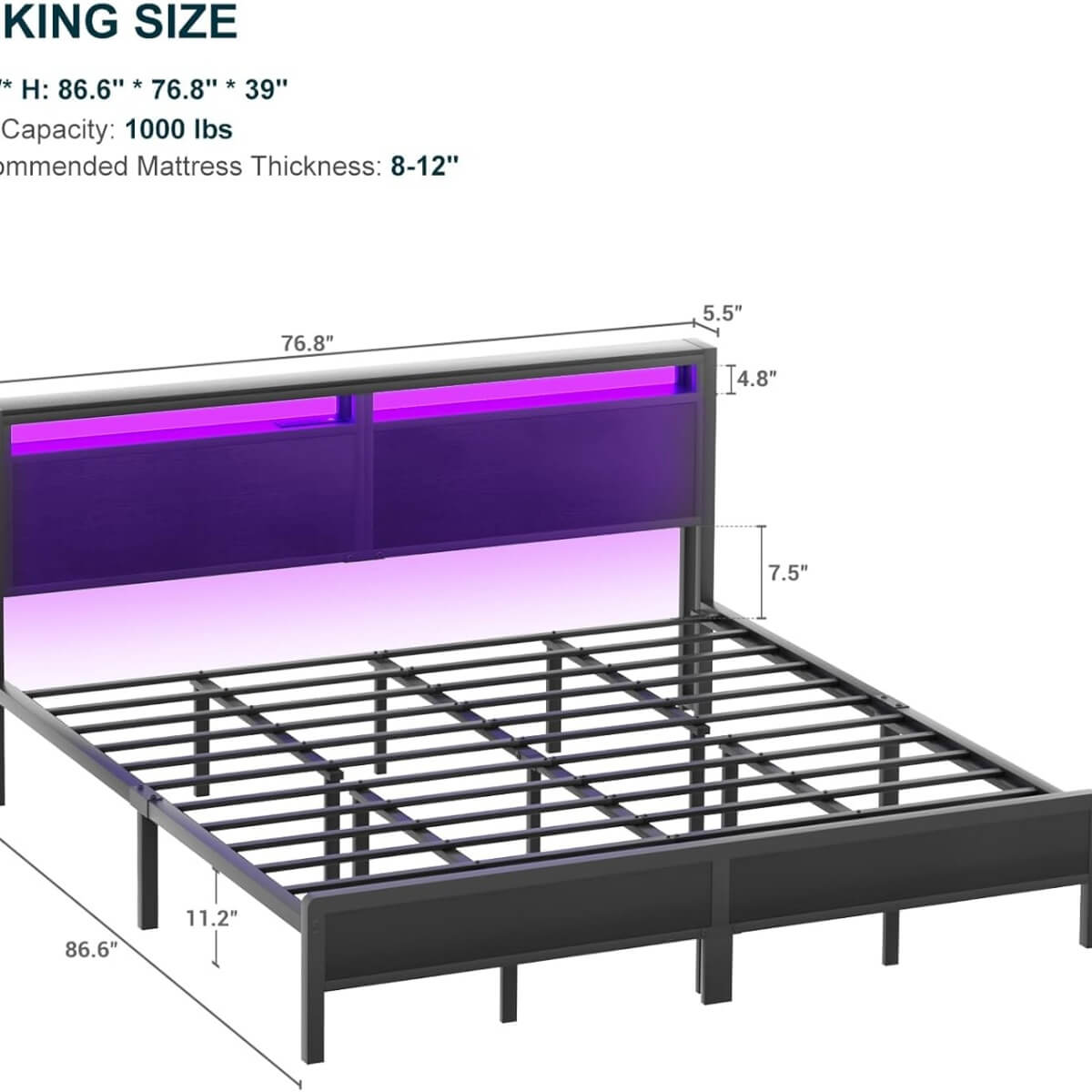 King Size Heavy Duty Metal Bed Frame with Headboard, Outlets, and LED Lights