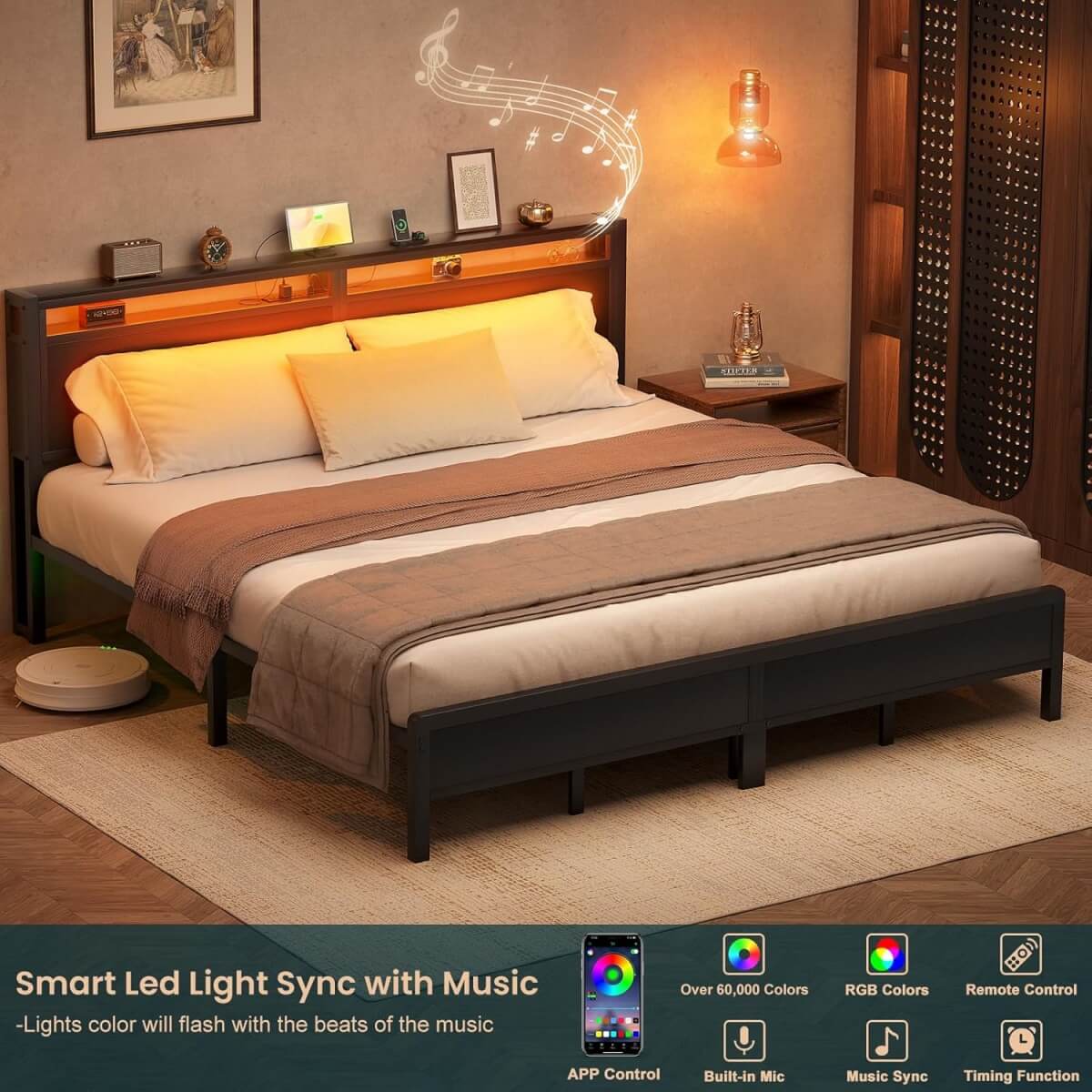 King Size Heavy Duty Metal Bed Frame with Headboard, Outlets, and LED Lights