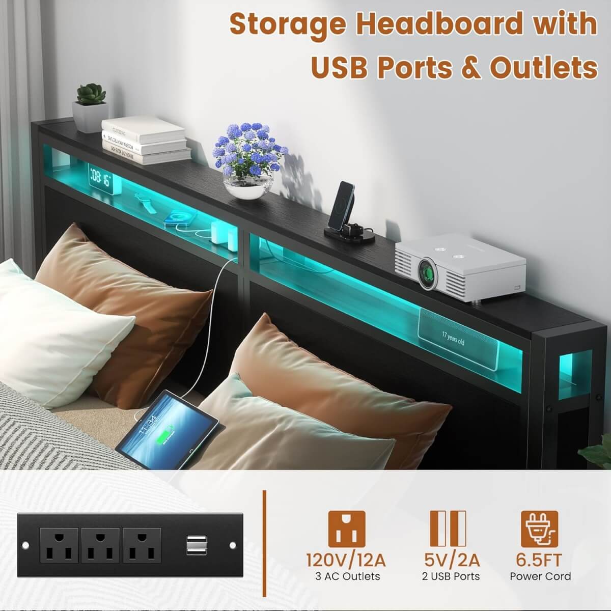 King Size Heavy Duty Metal Bed Frame with Headboard, Outlets, and LED Lights