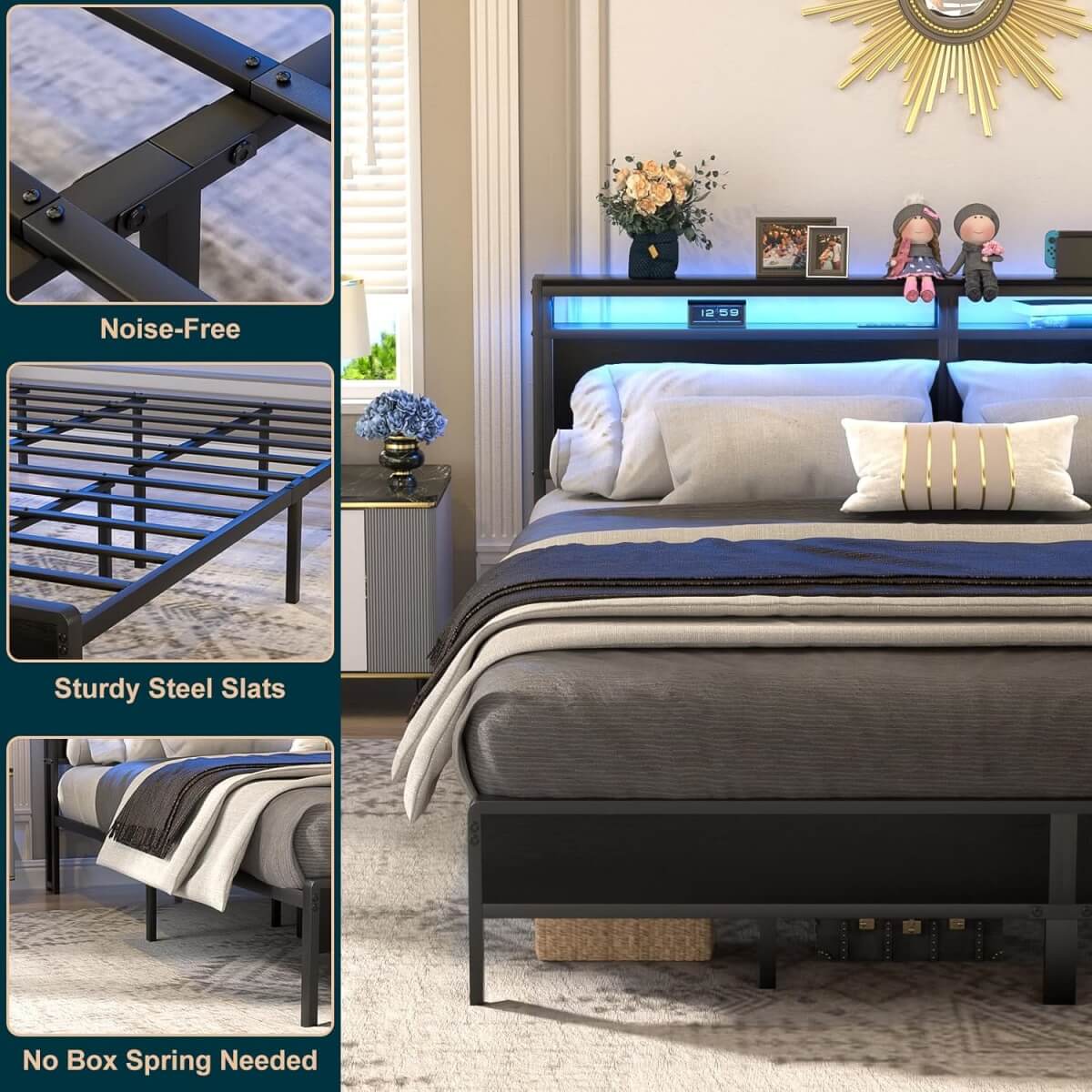 King Size Heavy Duty Metal Bed Frame with Headboard, Outlets, and LED Lights