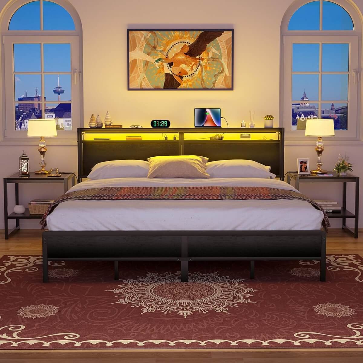 King Size Heavy Duty Metal Bed Frame with Headboard, Outlets, and LED Lights