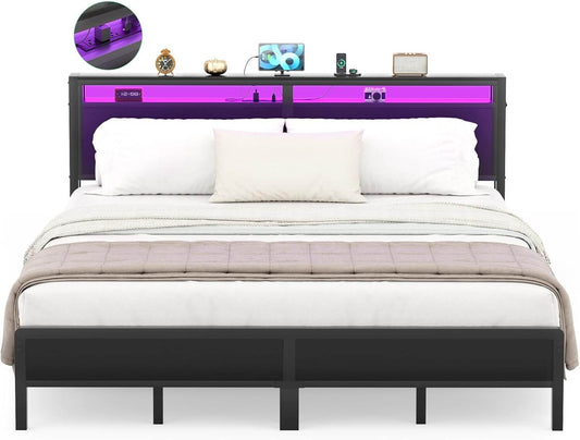 King Size Heavy Duty Metal Bed Frame with Headboard, Outlets, and LED Lights