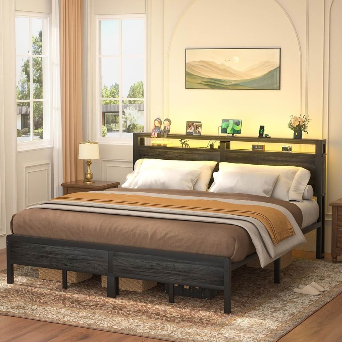 King Size Heavy Duty Metal Bed Frame with Headboard, Outlets, and LED Lights