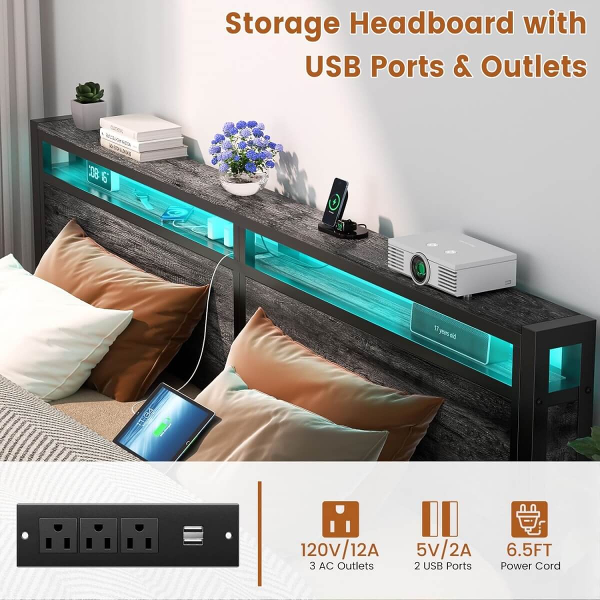 King Size Heavy Duty Metal Bed Frame with Headboard, Outlets, and LED Lights