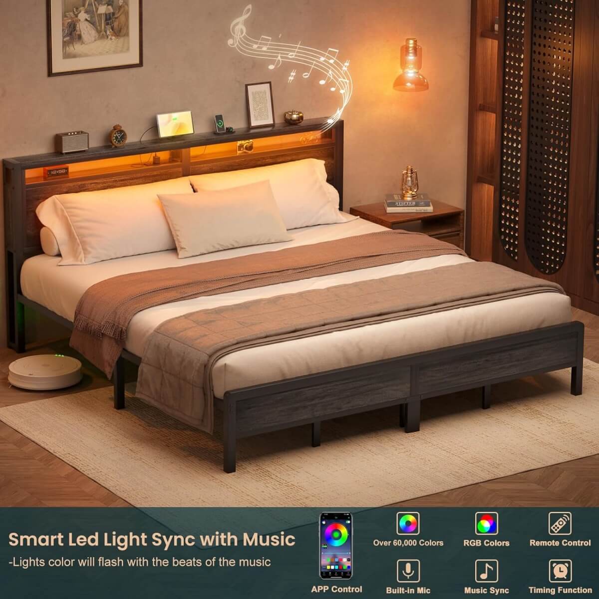 King Size Heavy Duty Metal Bed Frame with Headboard, Outlets, and LED Lights